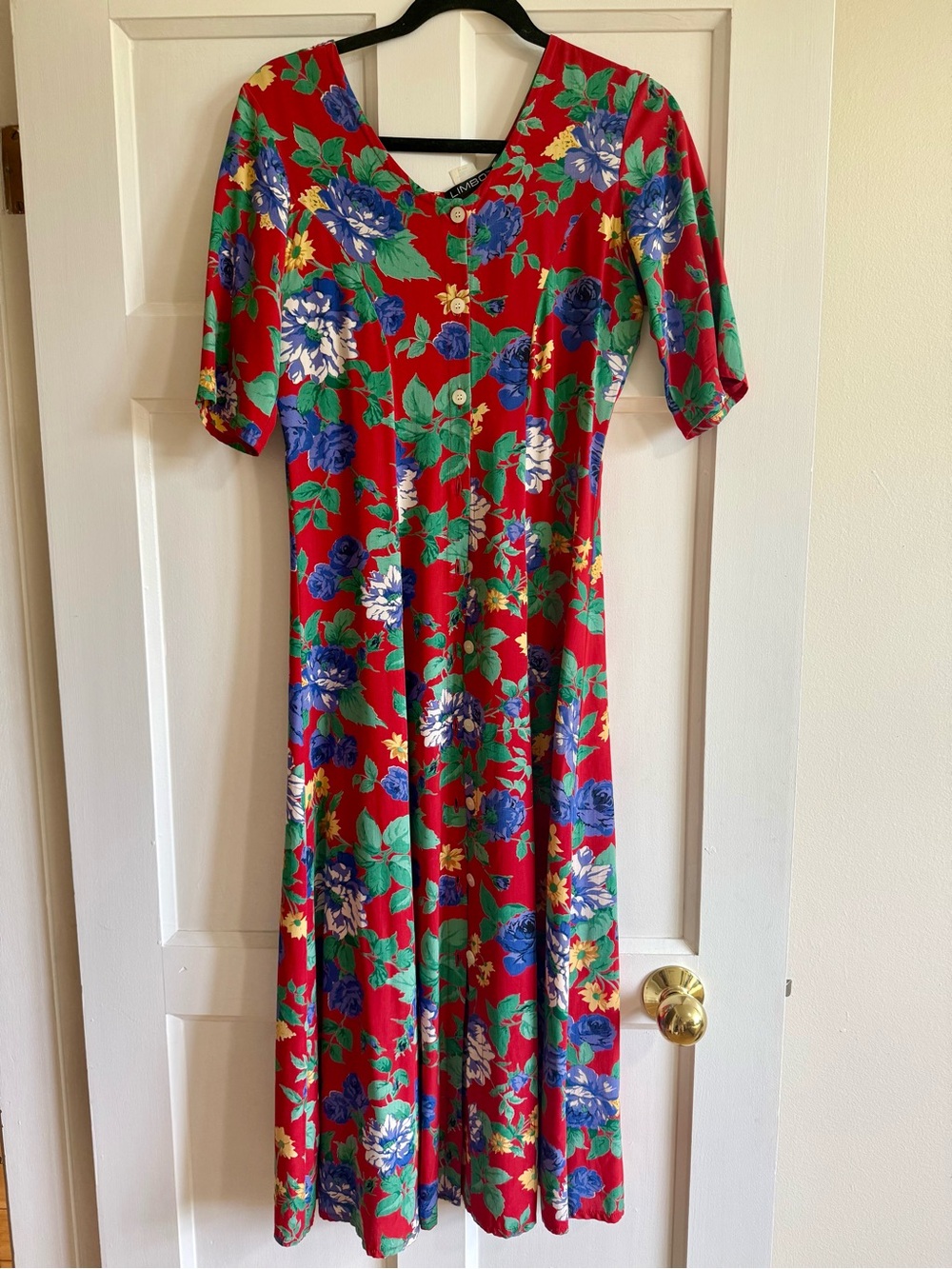 Vintage Limbo Red Floral Midi Dress with Blue & Green Print